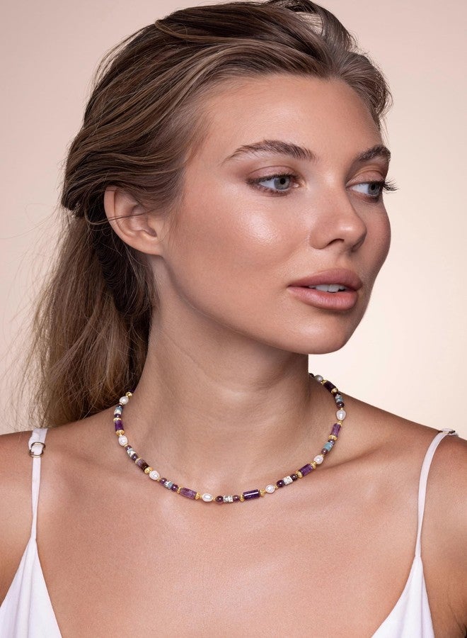 SNGIA Purple Gold Teal Blue Pearl Amethyst Beaded Natural Stone Healing Statement Necklace Choker for Women by SNGIA, Colorful Quartz Trendy Birthstone Gemstone Bohemian Preppy Retro Bold Handmade Exaggerated Jewelry Gifts, Vintage Unique Cute Baroque Dangly Drop Summer Beach Fashion Nickle Free Rhinestone Accessories - Image 2